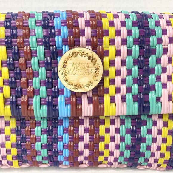 Maria Victoria Wristlet Clutch PVC Plastic Straw Multicolor Handcrafted Mexico - Picture 8 of 11